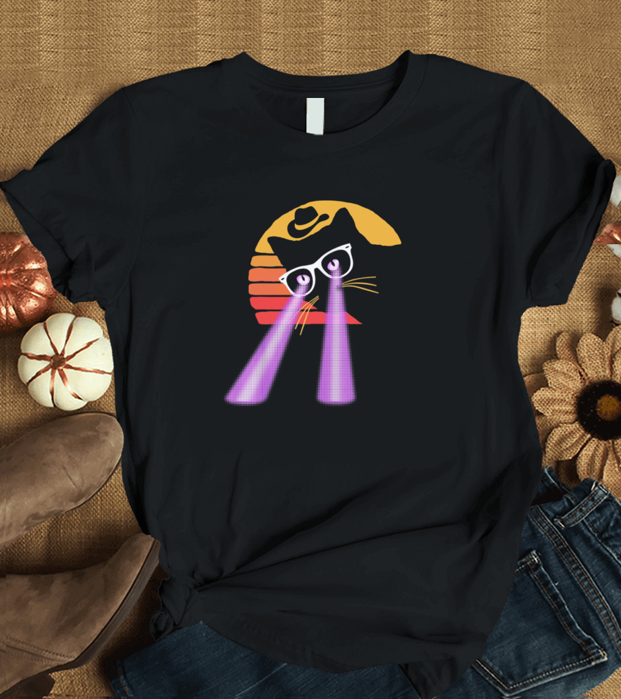 Black Cat Hat Sunglasses Laser Eyes Retro Sun Stripes T-Shirt