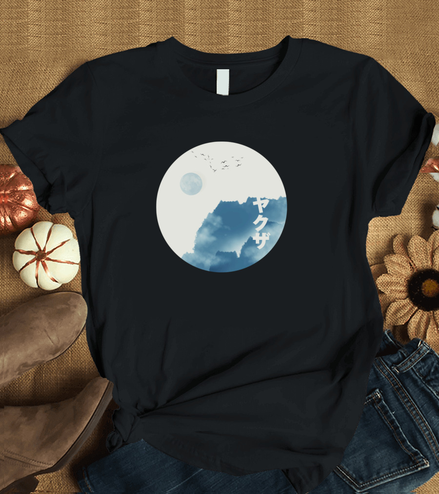 Blue Japanese Yakuza Art Style Circle Landscape Moon Birds T-Shirt