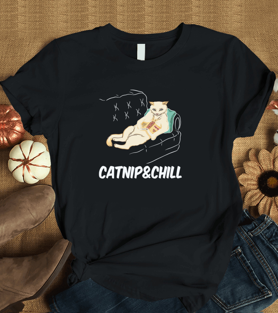 Catnip and Chill Cat Relaxing on Couch with Book T-Shirt