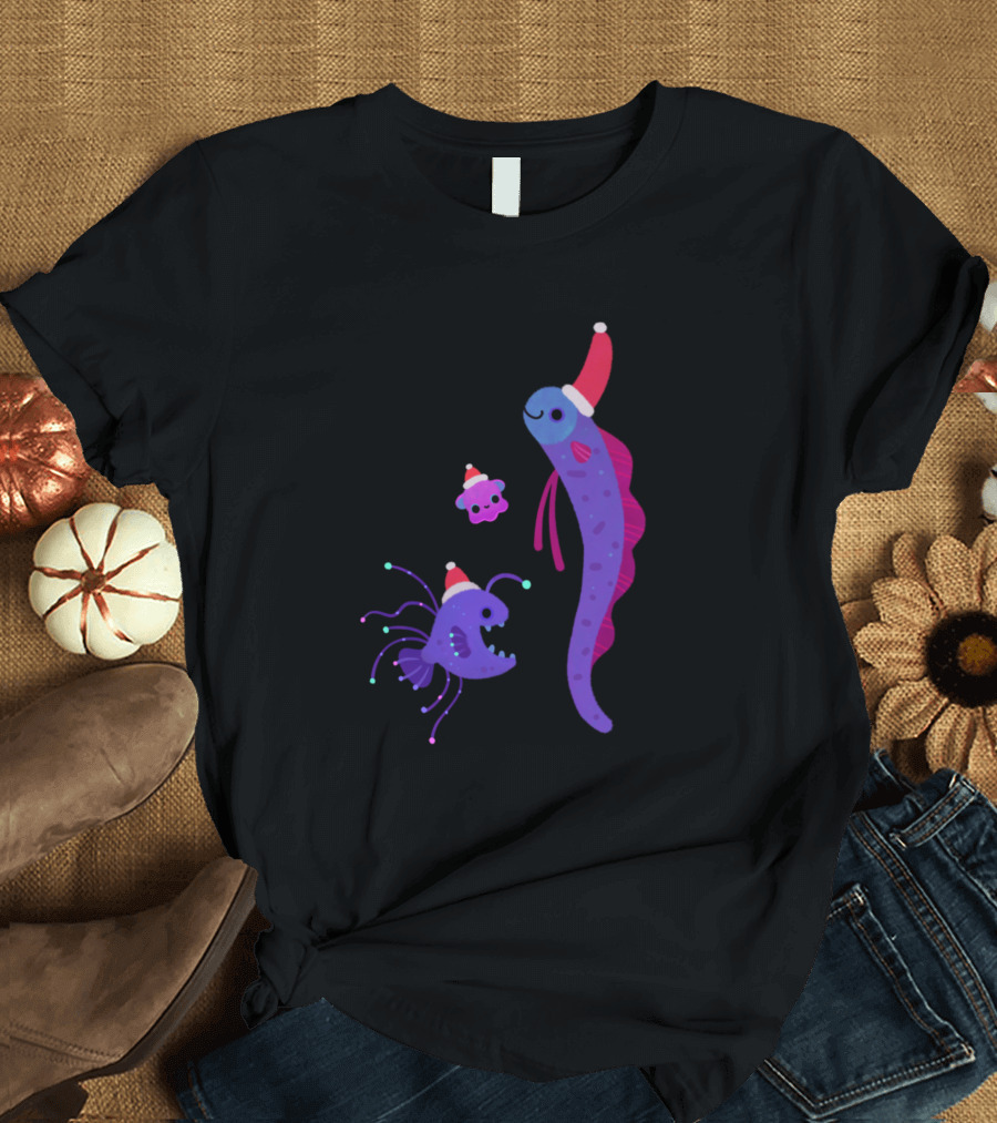 Christmas Underwater Festive Sea Creatures with Santa Hats T-Shirt