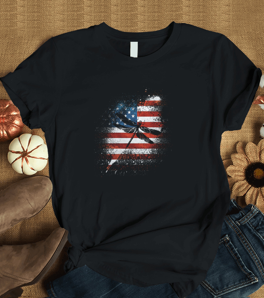Dragonfly American Flag Independence Day USA Patriotic T-Shirt