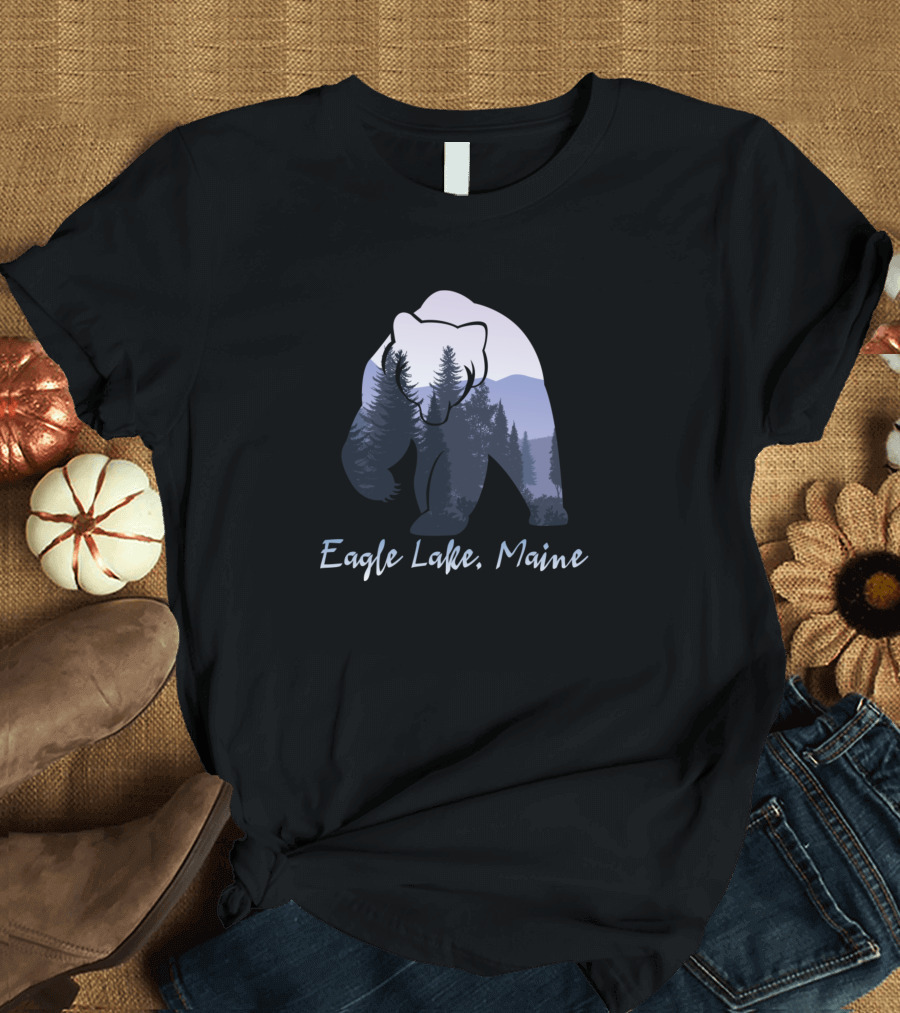 Eagle Lake Maine Bear Silhouette Forest Landscape T-Shirt