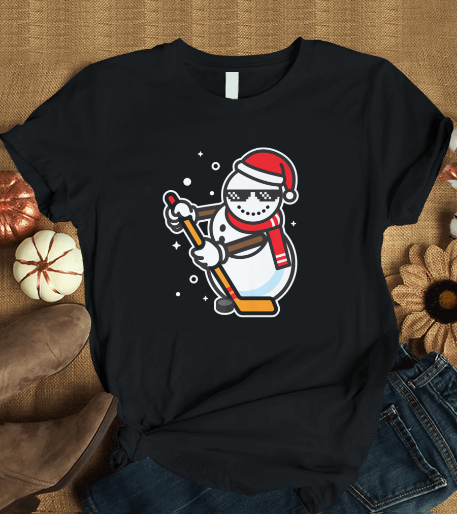 Ice Hockey Player Cool Snowman Funny Boy with Santa Hat T-Shirt