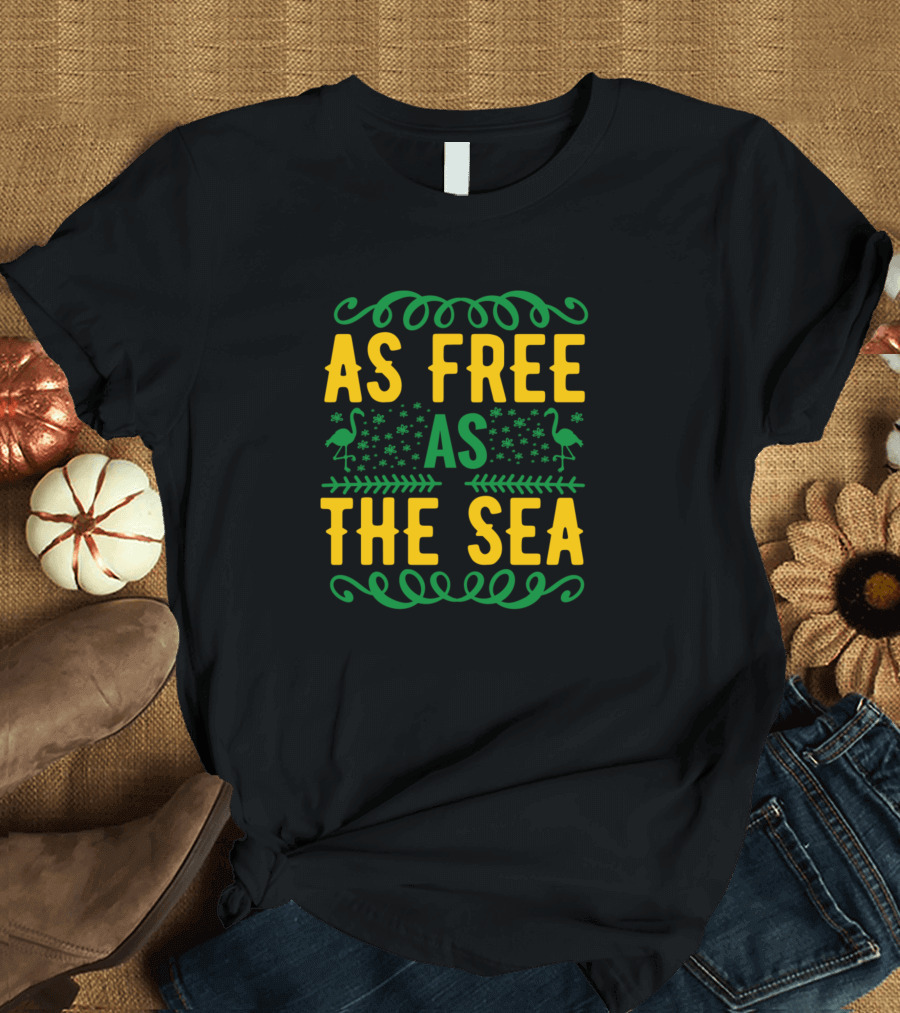 As Free As The Sea Flamingos and Waves Green and Yellow T-Shirt
