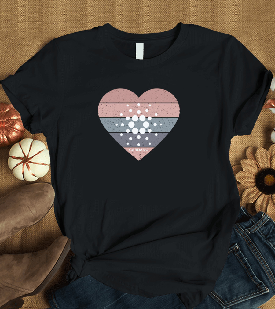 Cardano Ada Grunge Heart Cryptocurrency Logo Stripe T-Shirt