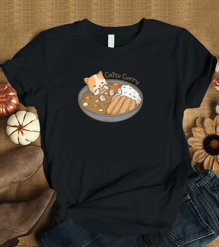 Catsu Curry Kawaii Cat Sleeping in Katsu Curry Bowl T-Shirt