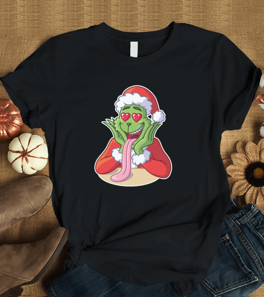 Christmas Lover Grinch Heart Eyes Santa Hat T-Shirt