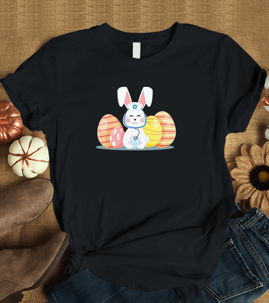 Cute Bunny Nurse with Stethoscope and Easter Eggs T-Shirt