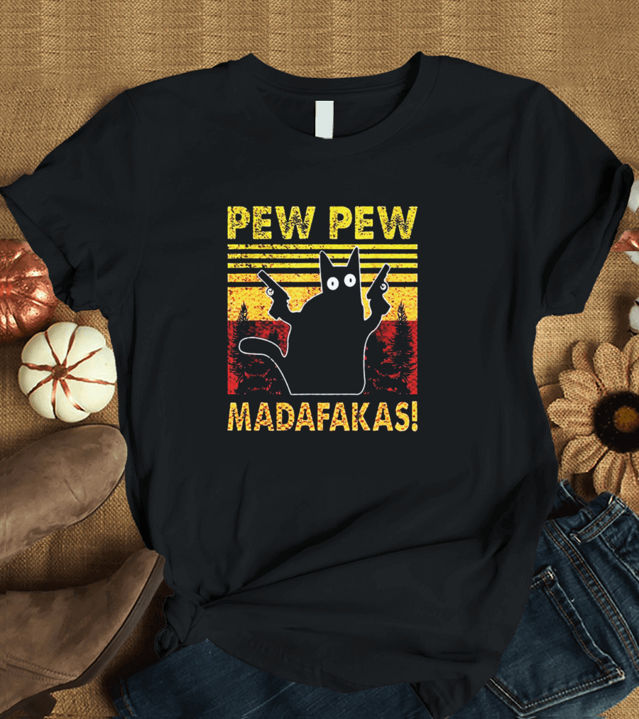 Pew Pew Madafakas Black Cat with Guns T-Shirt