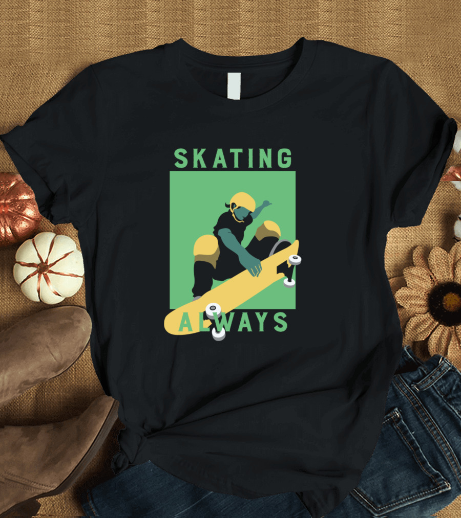 Skating Always Skateboarder in Yellow and Black Gear T-Shirt
