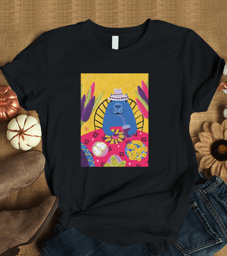 Taking A Leisurely Sip with a Blue Cat in a Vibrant Tropical Setting T-Shirt