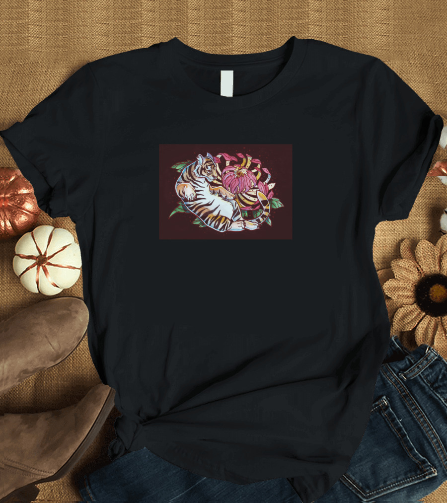 Relaxed Tiger Among Vibrant Blossoms T-Shirt