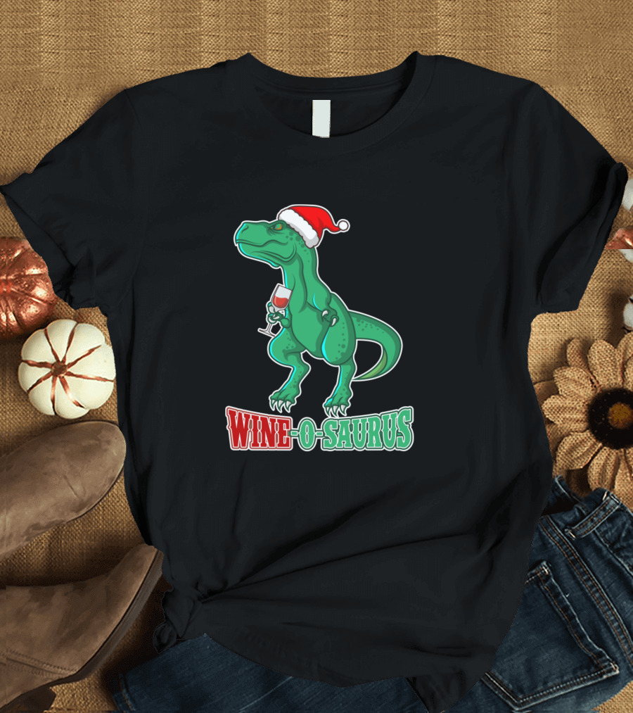 Wine-O-Saurus Ugly Christmas T-Rex Wine Drinker Santa Hat T-Shirt