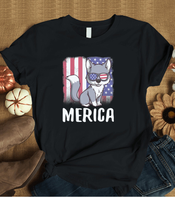 T-Shirt: Merica Wolf with American Flag Sunglasses 4th of July Usa T-Shirt Merica Wolf with American Flag Sunglasses 4th of July Usa T-Shirt