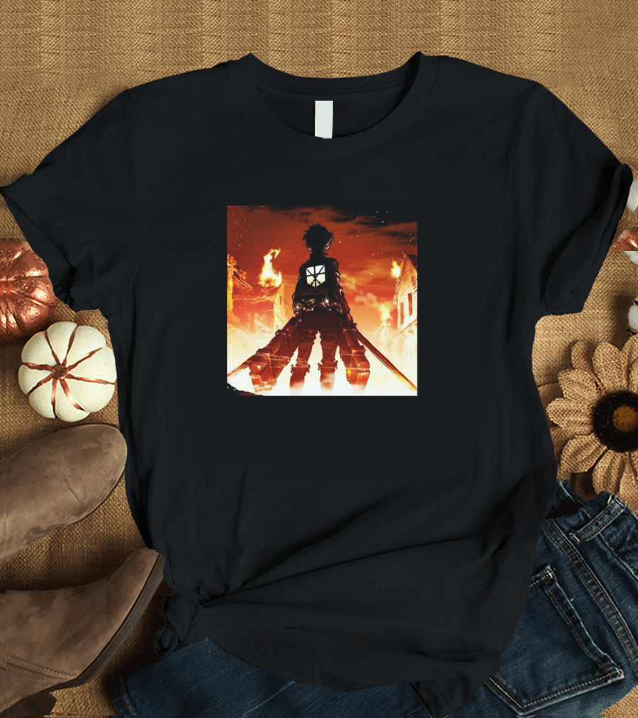 Attack Of Giants Eren Jaeger Fiery Battle Scene Against Burning City T-Shirt