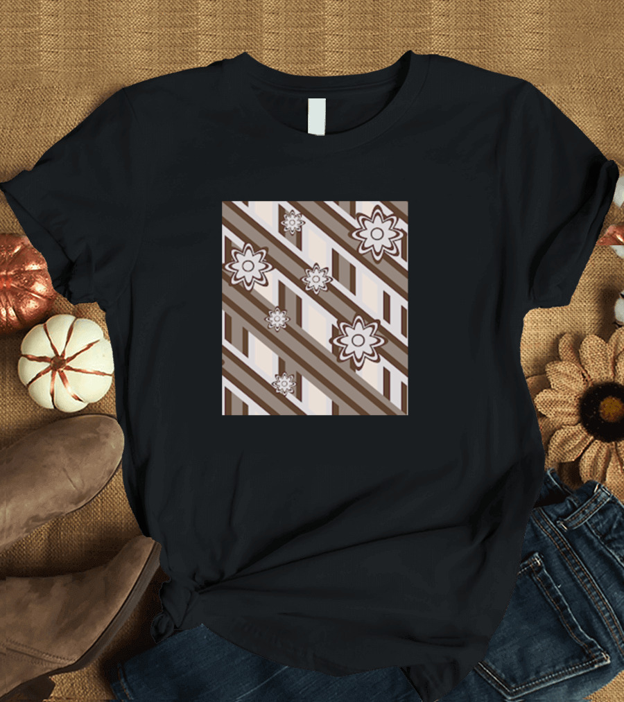 Batik Pictures of Cloth Culture Floral Stripes Brown Beige T-Shirt