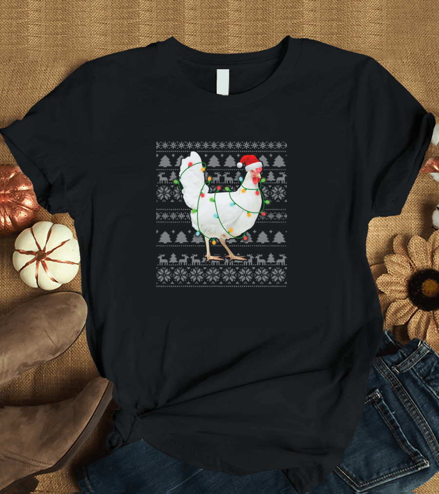 Chicken Wrapped in Christmas Lights Wearing Santa Hat with Festive Holiday Background T-Shirt