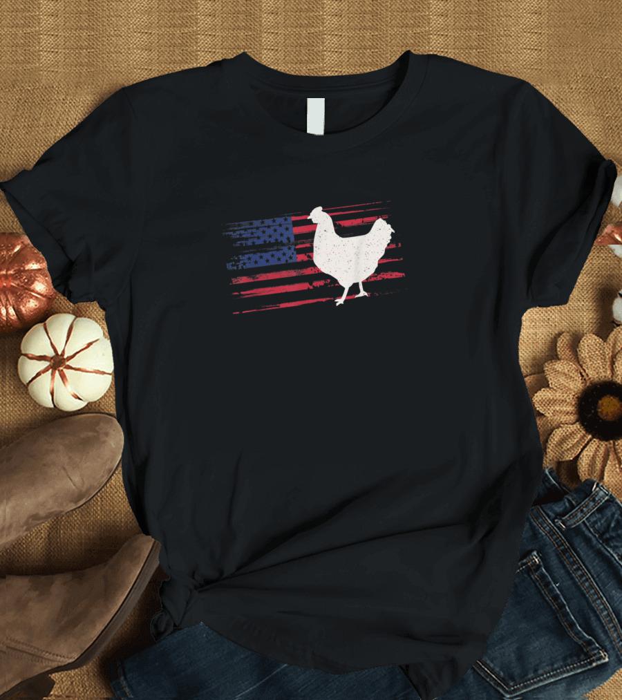 Chicken Silhouette with Distressed American Flag Background for 4th of July T-Shirt
