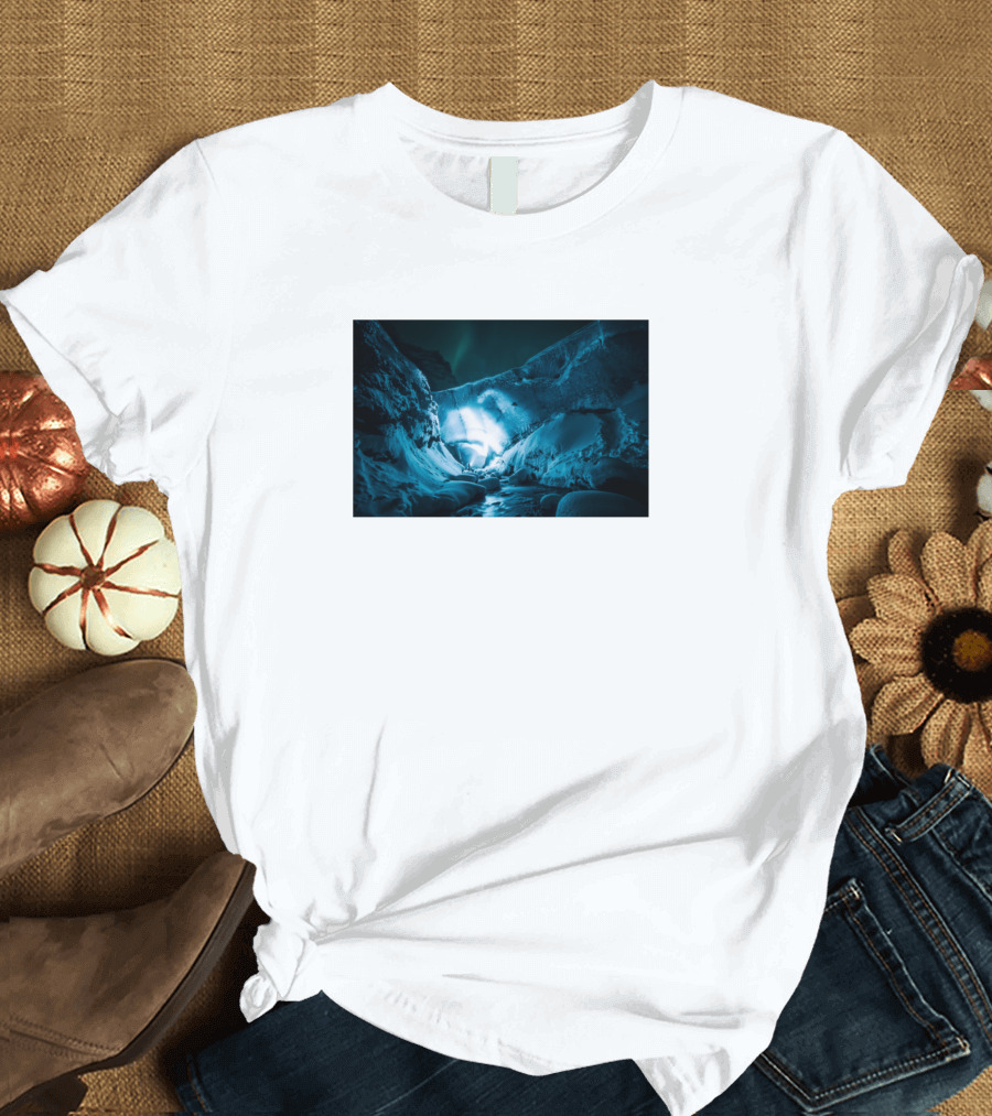 Ice Cave Expedition Under Northern Lights T-Shirt
