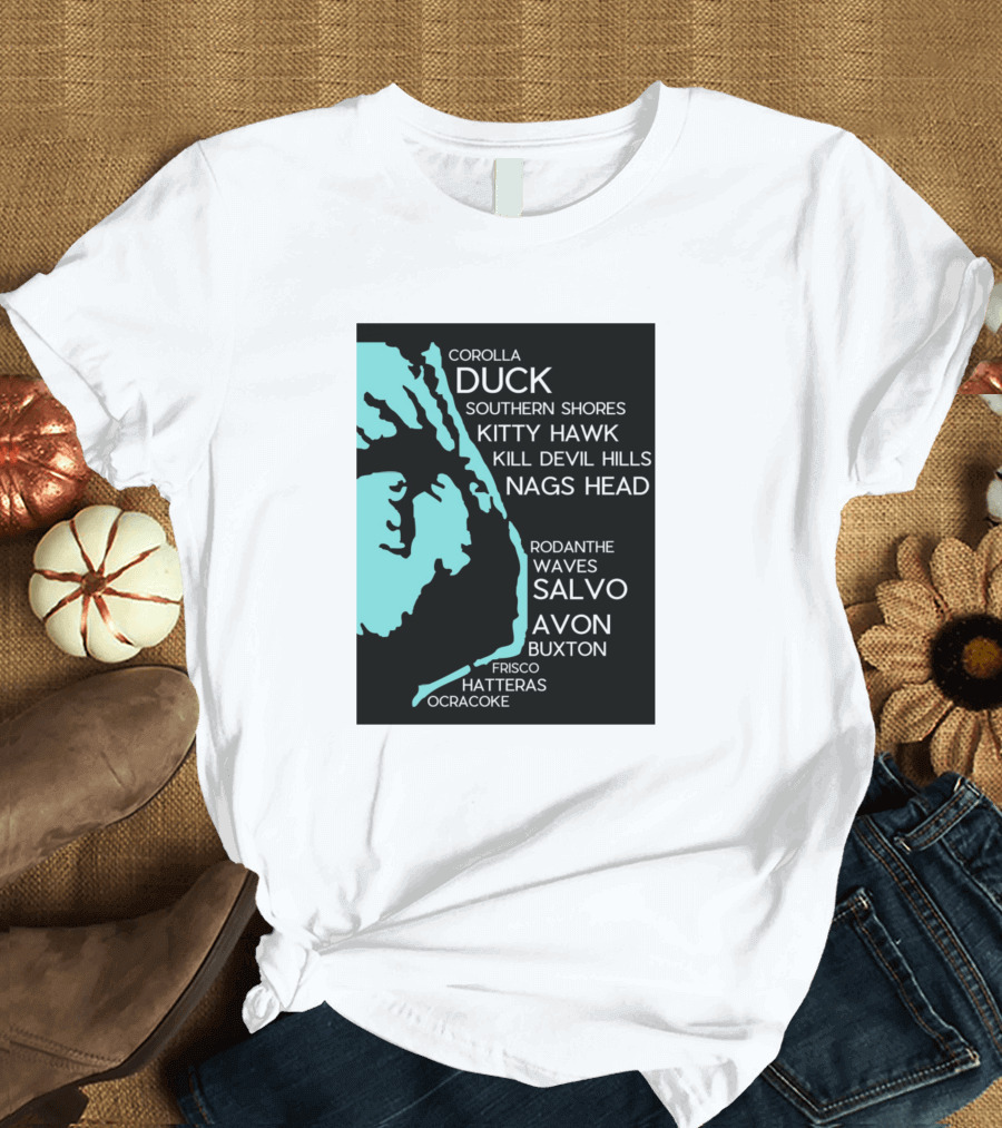 Outer Banks NC Towns Map Corolla Duck Kitty Hawk Kill Devil Hills Nags Head Hatteras Ocracoke T-Shirt
