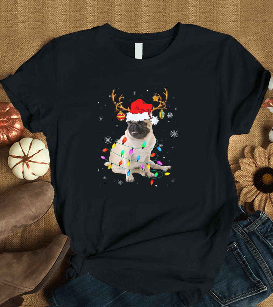 Pug Reindeer Santa Hat Wrapped in Christmas Lights with Snowflakes and Ornament Accents T-Shirt