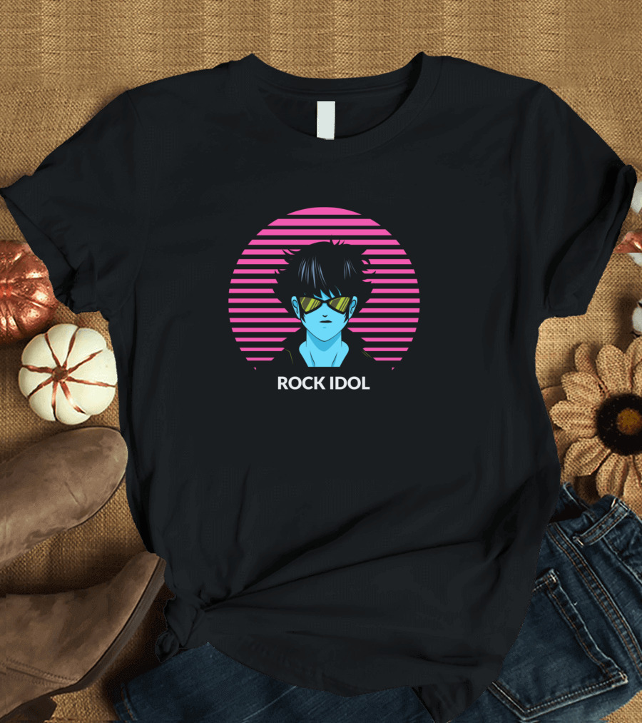Rock Idol Retro Style with Vibrant Neon Anime Aesthetic T-Shirt