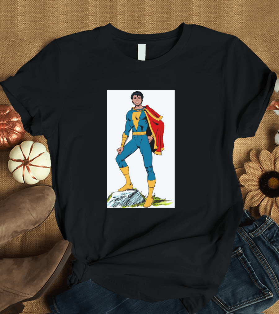 Shazam Captain Marvel Jr Classic Comic Superhero in Red Cape and Blue Suit T-Shirt