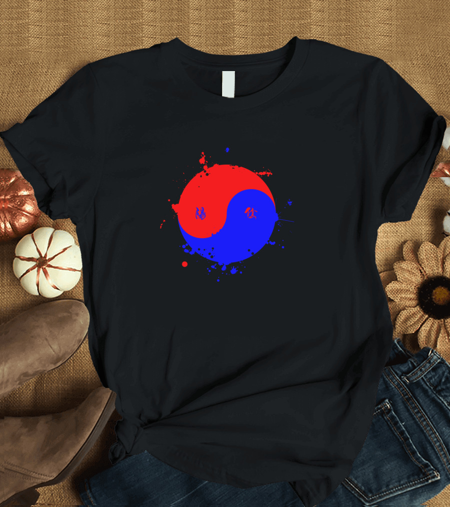 Taegeuk Korean Yin Yang Symbol in Red and Blue Splash T-Shirt