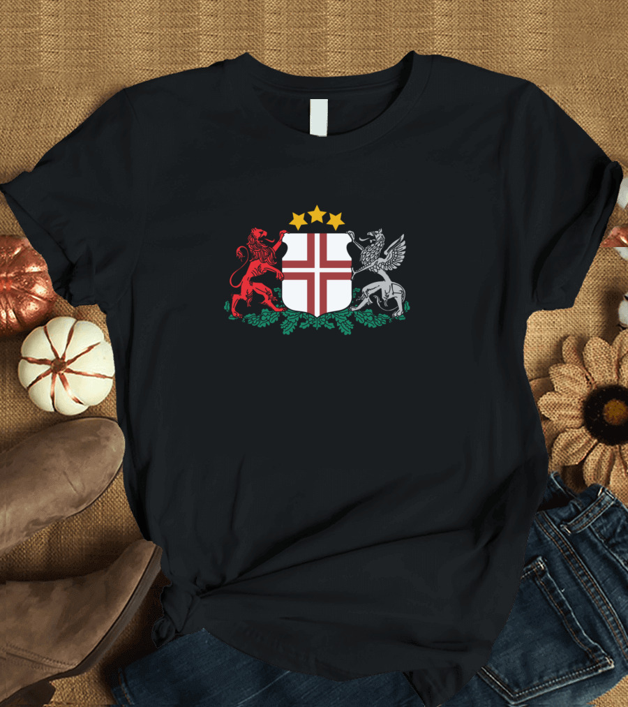 Emblem of the Latvian Naval Forces Shield with Red Lion, Winged Horse, and Three Stars T-Shirt