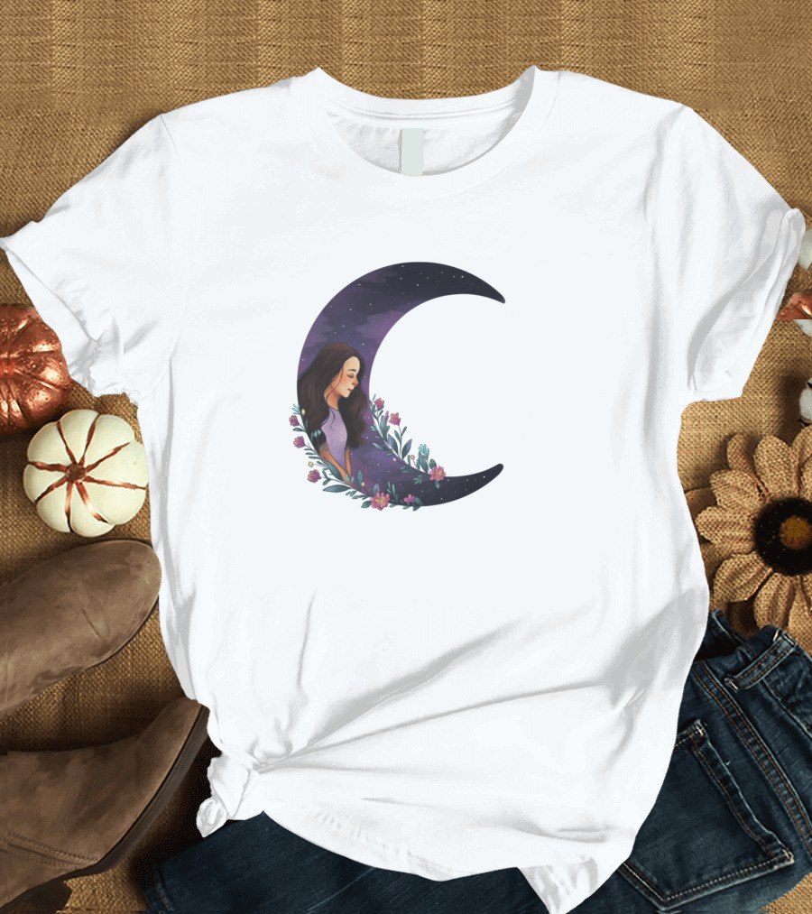 Kalila Blue Crescent Moon with Flowers and Woman T-Shirt