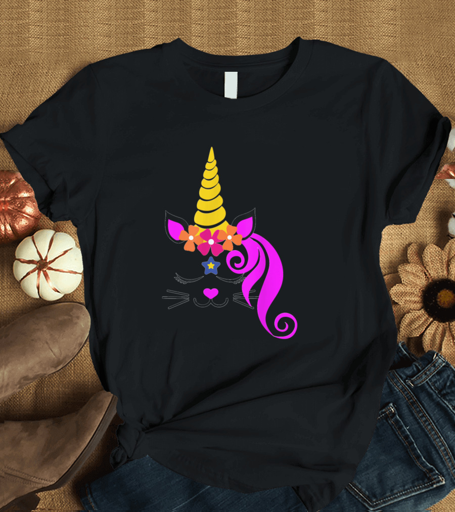 Kitty Unicorn Caticorn Face Kitten Cat Girls Fantasy Whimsical Colorful Flowers T-Shirt