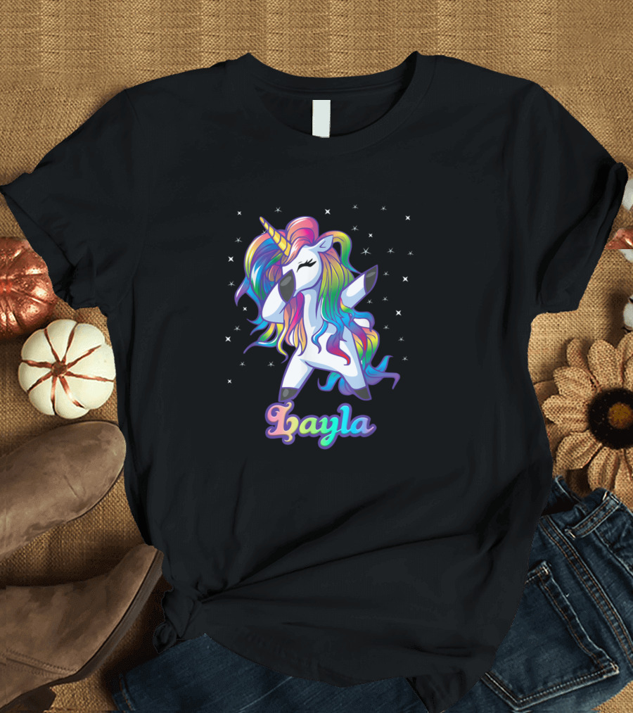 Layla Name Personalized Rainbow Unicorn Dab with Stars T-Shirt