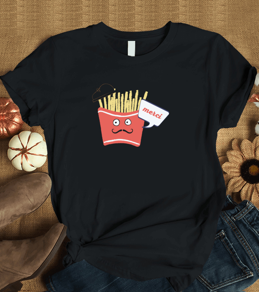 Merci French Fries Beret Cartoon T-Shirt