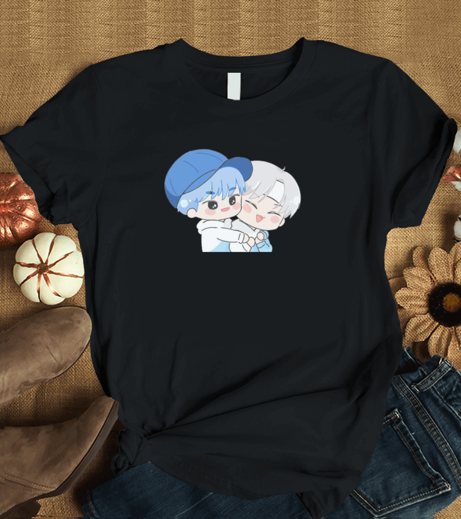 Seventeen Cute Cartoon Characters Hugging Blue Cap T-Shirt