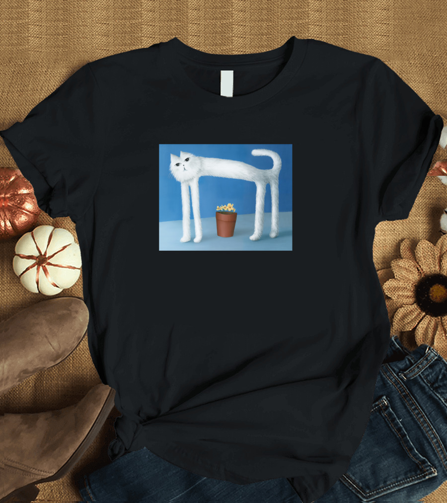 Skinny Cat with Pot of Yellow Flowers T-Shirt