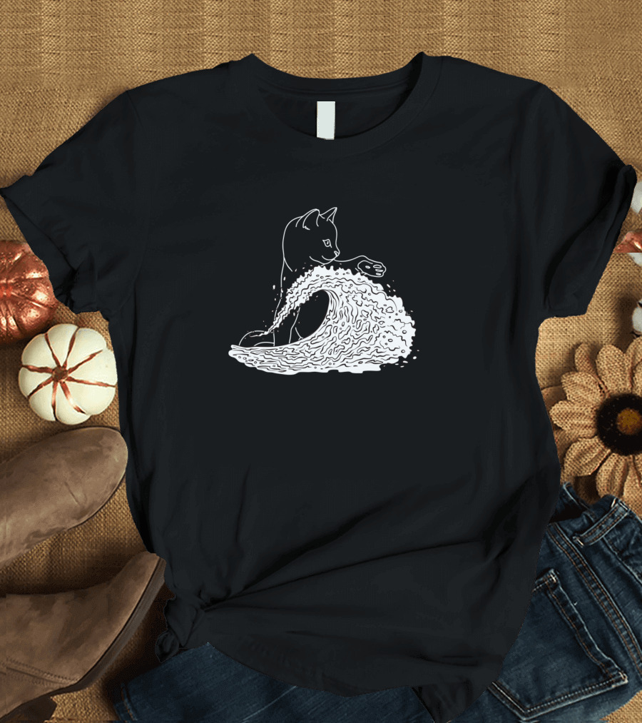 Cat And Waves Black Tee with Ocean Wave T-Shirt