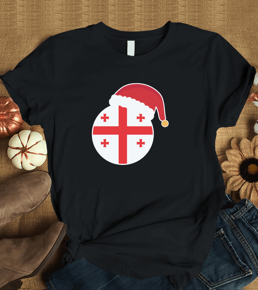 Christmas Georgia Flag Santa Hat T-Shirt