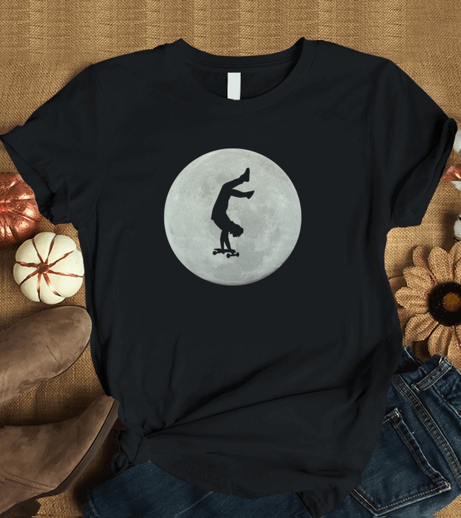 Gymnastics Doing Backflip on Skateboard Silhouette against Full Moon T-Shirt