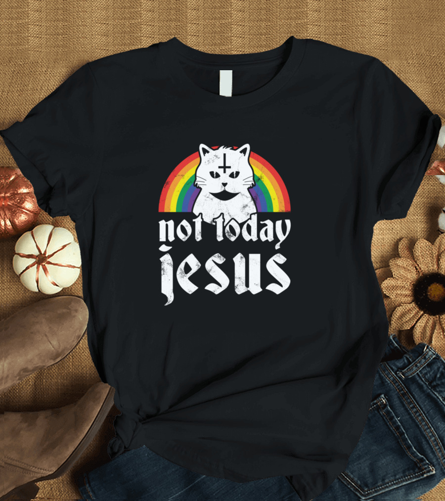 Not Today Jesus Rainbow Satanic Cat Goth Con Cross Retro T-Shirt