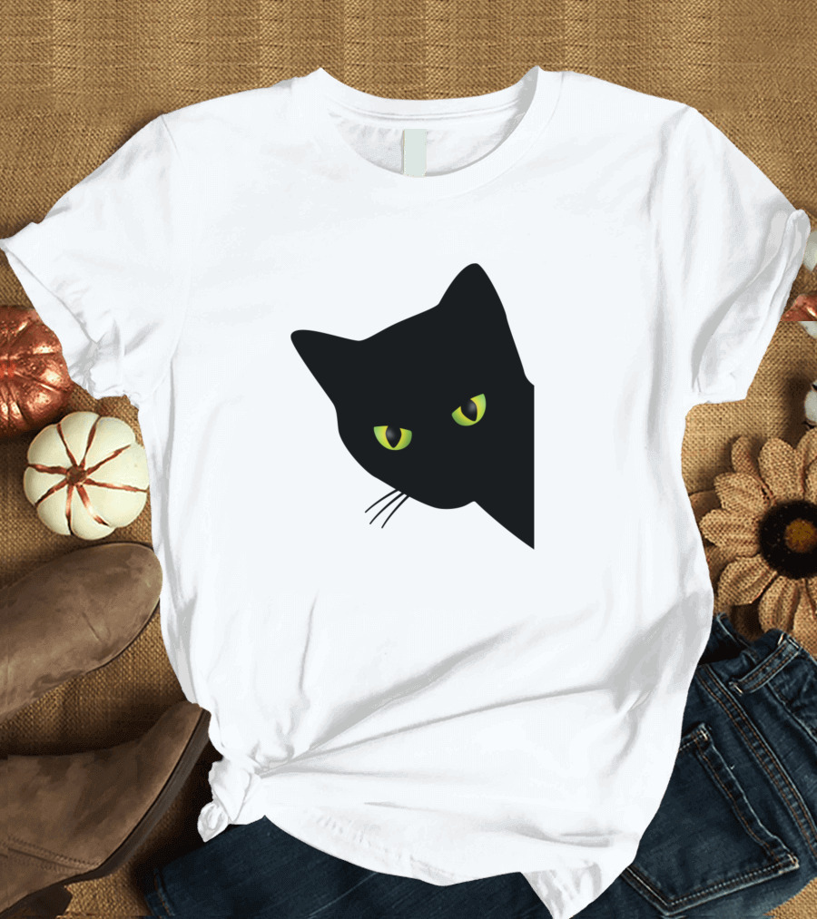 Annoyed Black Cat Peering with Green Eyes Behind Corner T-Shirt