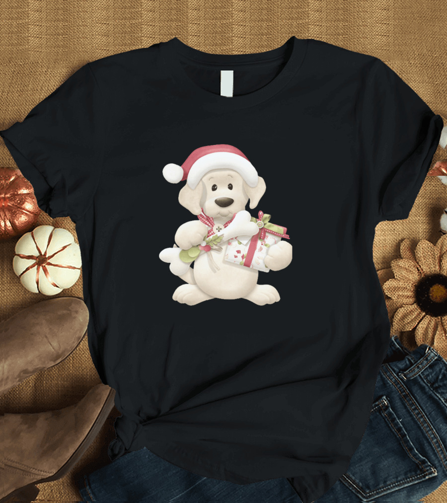 Christmas Puppy Dog with Santa Hat and Gift Box T-Shirt