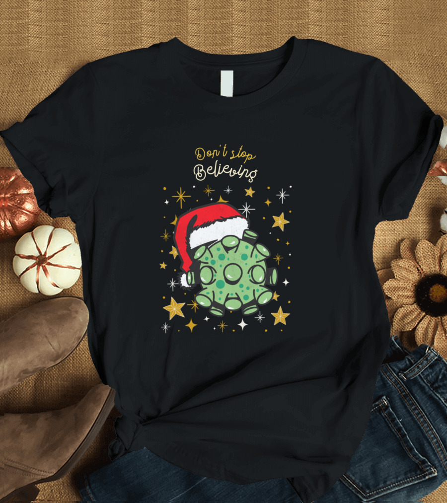 Don't Stop Believing Christmas Santa Hat Virus Stars T-Shirt
