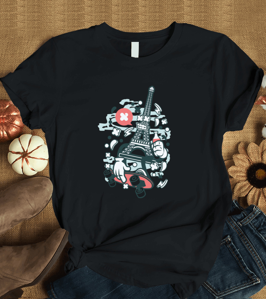 Eiffel Tower Skater with Animated Character Elements and Comic T-Shirt