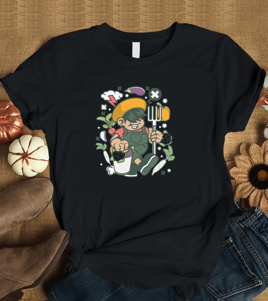 Farmer Kid with Animated Garden Harvest Scene for Comics Lovers T-Shirt