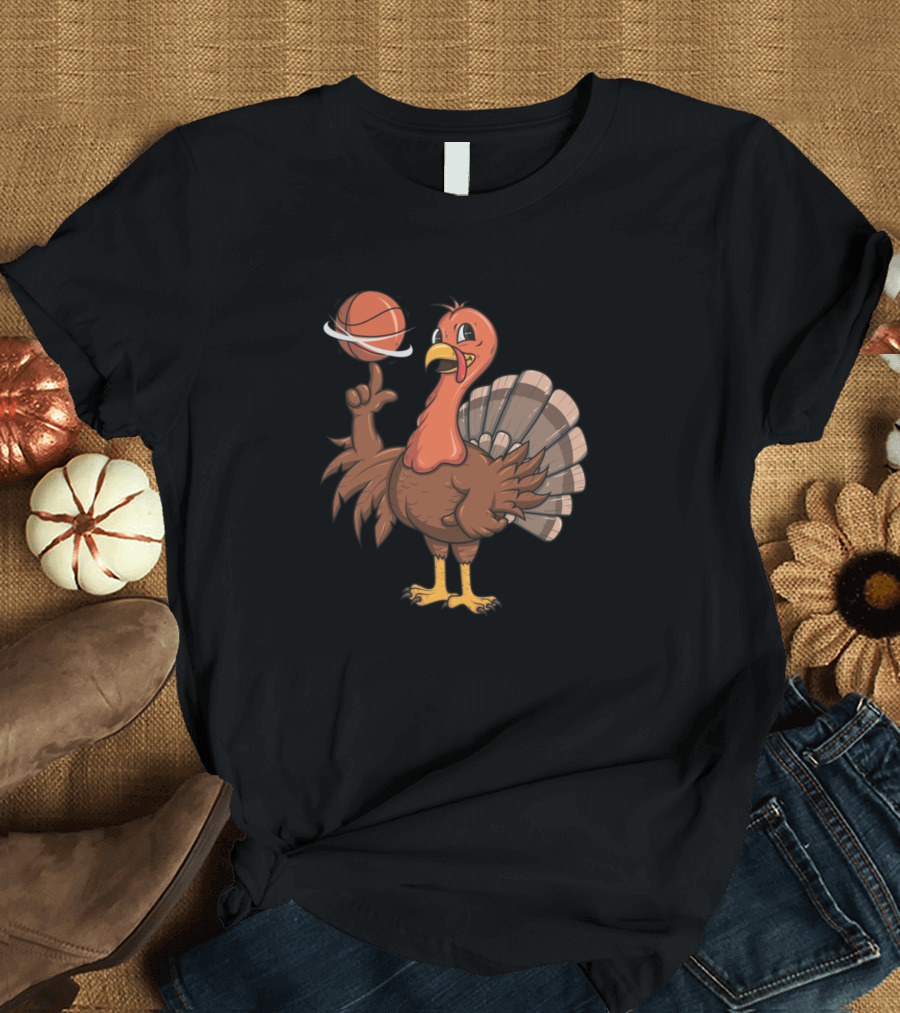 Funny Thanksgiving Turkey Basketball Basted Spinner T-Shirt