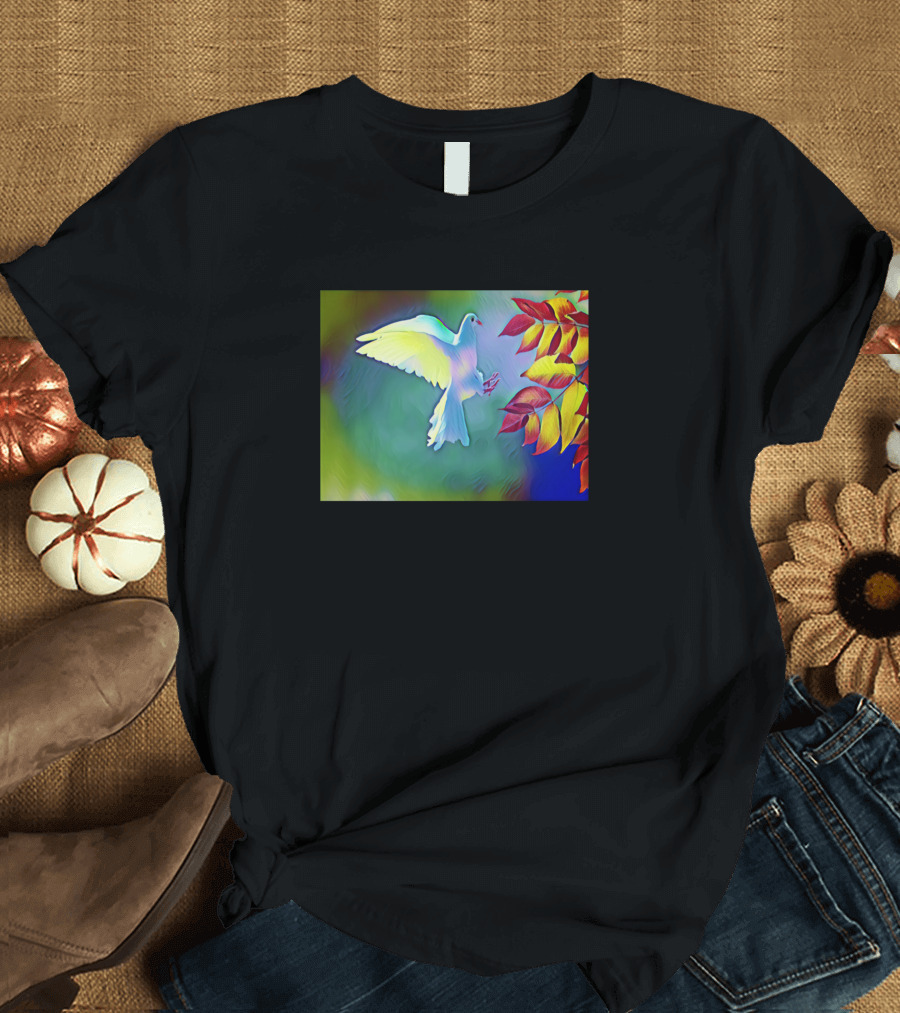 Rainbow Nature Dove and Autumn Leaves T-Shirt