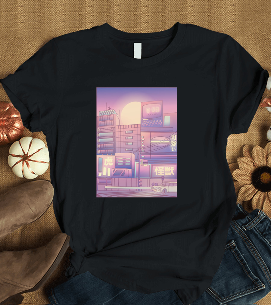 Vaporwave Neon Cityscape at Sunset T-Shirt