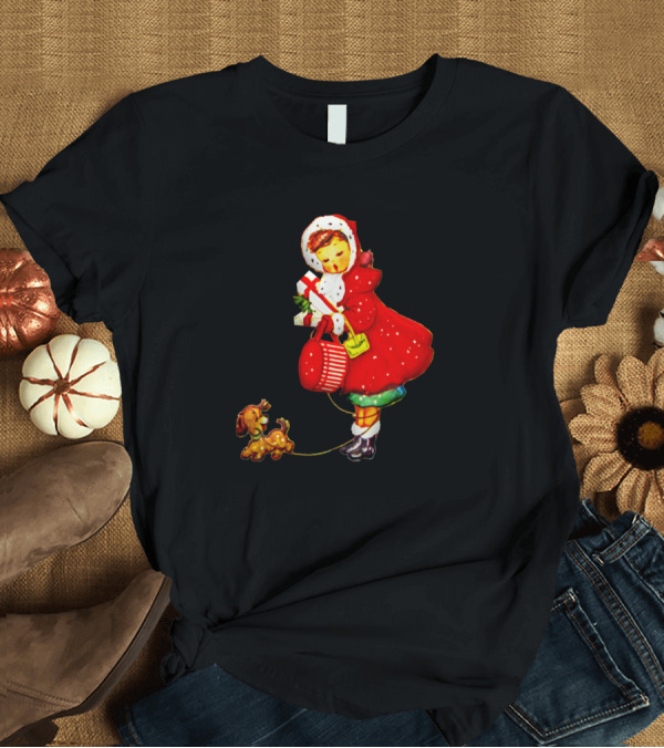 T-Shirt: Vintage Christmas Girl And Dog in Red Hood with Presents T-Shirt Vintage Christmas Girl And Dog in Red Hood with Presents T-Shirt