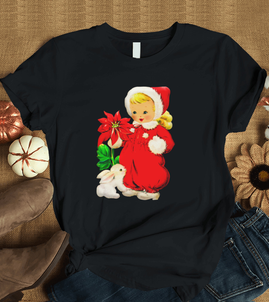 Vintage Christmas Girls Red Outfit with Poinsettia and White Bunny T-Shirt