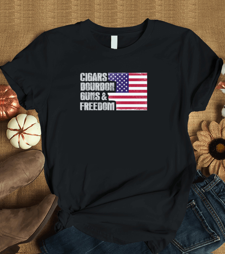 Cigars Bourbon Guns and Freedom American Flag T-Shirt